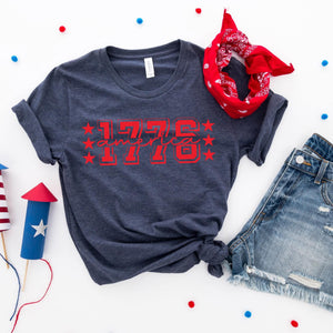 Blue with red lettering screen printed short sleeves round neck true to size loose fit cotton & polyester unisex super soft Tultex Brand Sizes Med-2X