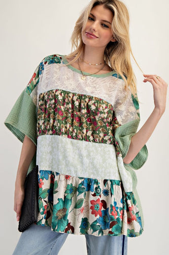 Sage green top with horizontal strips of lace and floral print short sleeves rounded neck top lace piece is see through oversized S-L