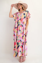 Mutli colored pink background dress
Linen blend woven material
Short winged sleeves with side pockets
Notched neckline with beaded ties
Ruffle bottom detailing
Relaxed loose flowy design
May size down unless you are larger on top.&nbsp;
Small 3-7, Medium 7-11, Large 12-14