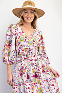 Floral printed Rayon Nylon Maxi Dress
3/4 Balloon sleeves w/cinched ends
Deep V Neckline
Ruched waistline with tie closure
Ruffled bottom
Side pockets
Relaxed loose fit
May size down unless larger on top then stay your size
Small 3-7, Med 8-10, Large 11-14
