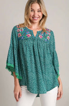 Woman wearing a green floral blouse with embroidery on a plain background