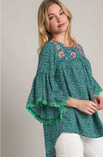 Woman wearing a green floral blouse with ruffled sleeves on a plain background