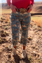 Person wearing patterned jeans and a red shirt in a desert landscape