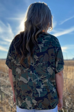 Person wearing a camouflage shirt standing in an open field with a blue sky.