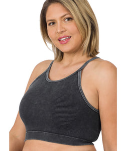 Washed Ribbed Seamless Cropped Cami Top/Bra w/wide Piping