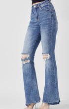 Risen Distressed High Rise Wide Flare Denim Jeans